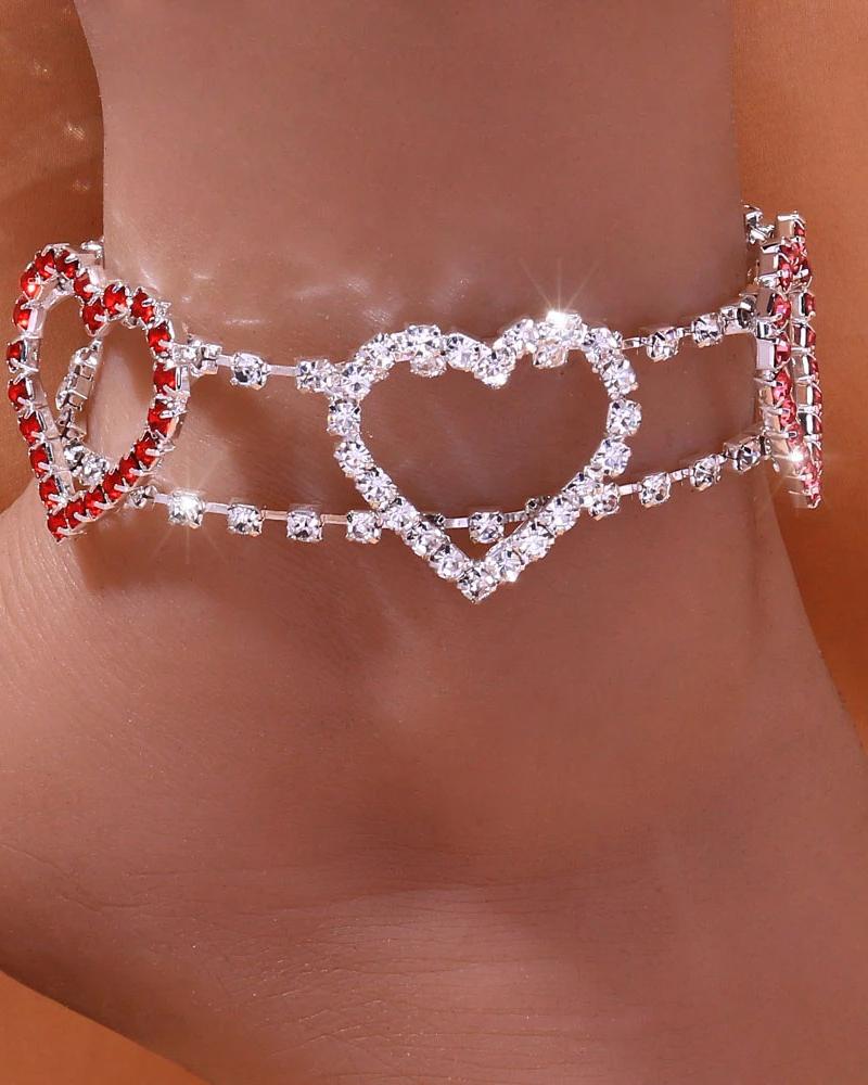 

1pcs Heart Rhinestone Hollow-out Double Layered Anklet, Silver
