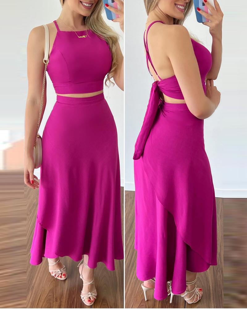 

Crisscross Backless Crop Cami Top & Skirt Set, Hot pink