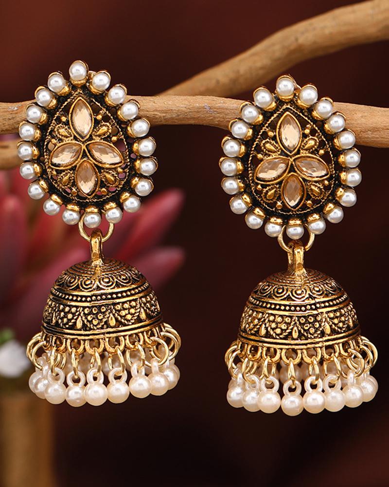 

1Pair Vintage Beaded Tribal Bell-Shaped Dangle Earrings, Gold