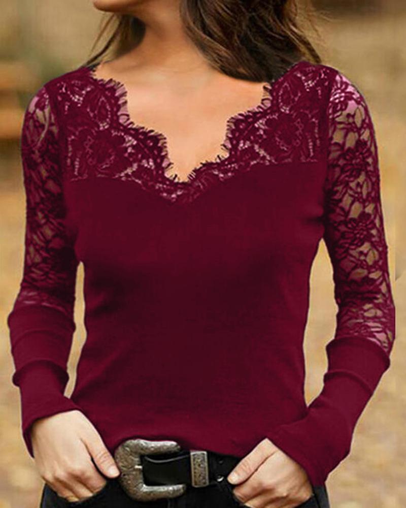 

Long Sleeve Eyelash Crochet Lace Patch Skinny Top, Wine red