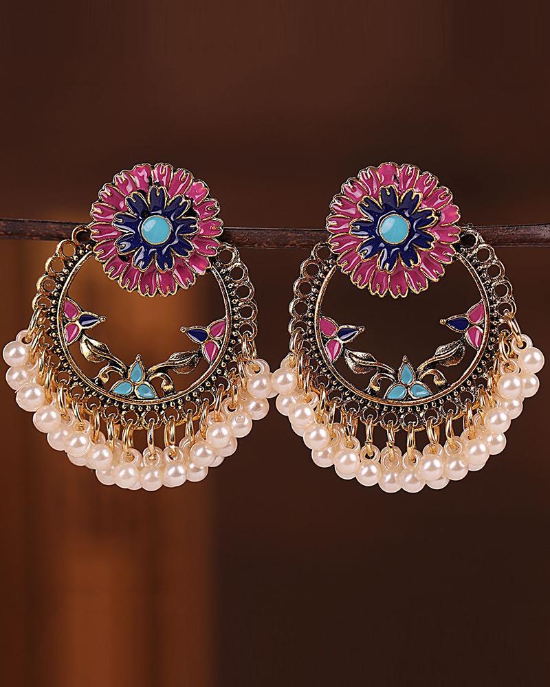 

1Pair Vintage Nationality Floral Beaded Tassel Earrings, Pink