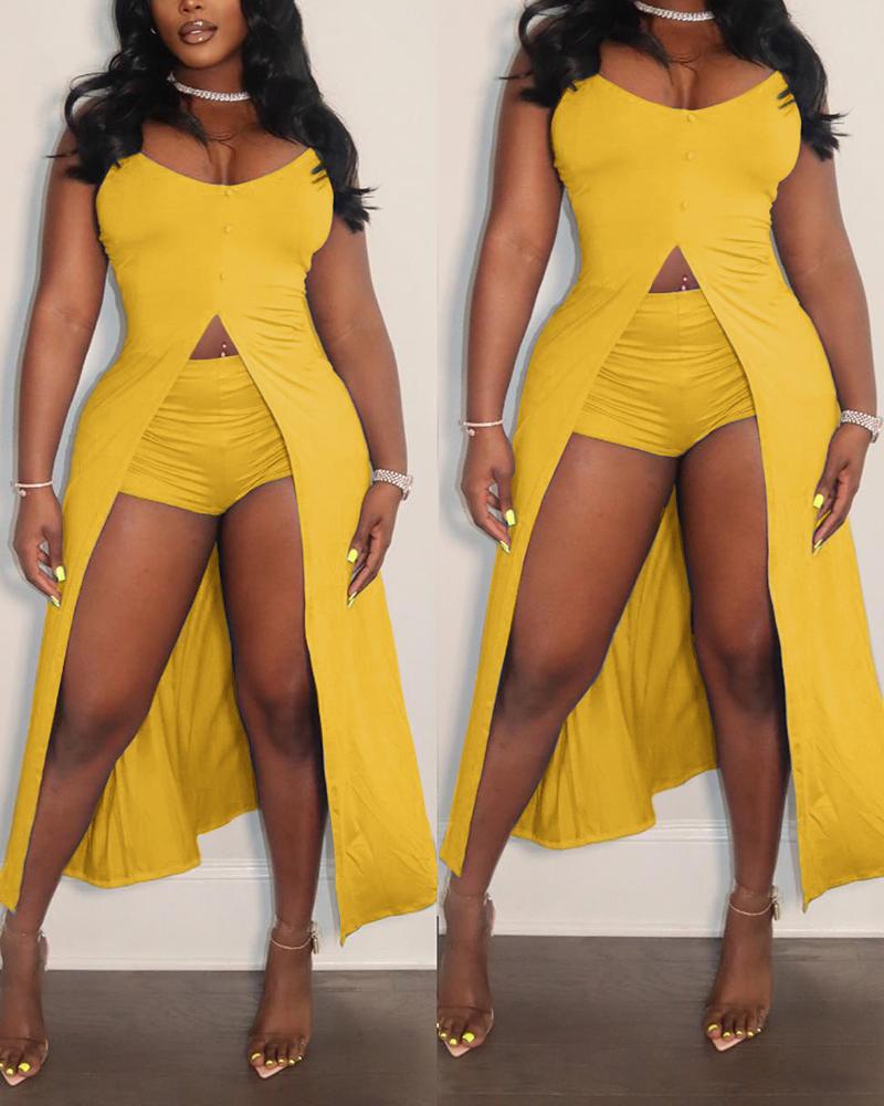 

Slit Sleeveless Longline Top & Shorts Set, Yellow