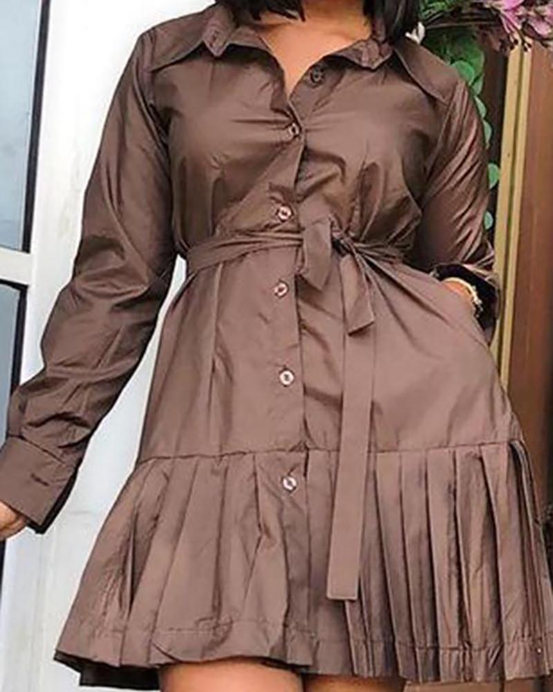 

Buttoned Pocket Design Pleated Shirt Dress With Belt, Coffee