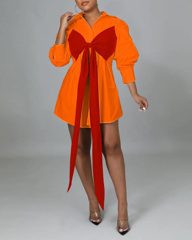 

Bowknot Tied Detail Button Down Shirt Dress, Orange