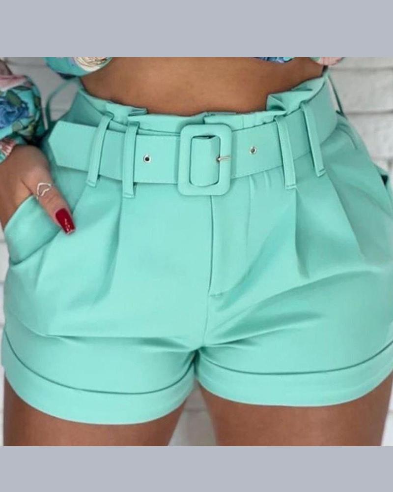 

Ruched Pocket Design Shorts With Belt, Green