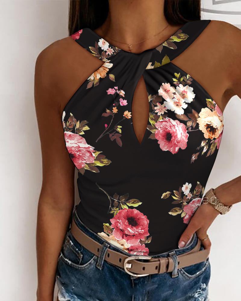 

Floral Print Keyhole Neck Tank Top, Black