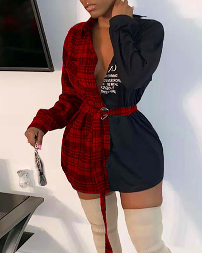 

Plaid Letter Print Colorblock Buttoned Shirt, Red