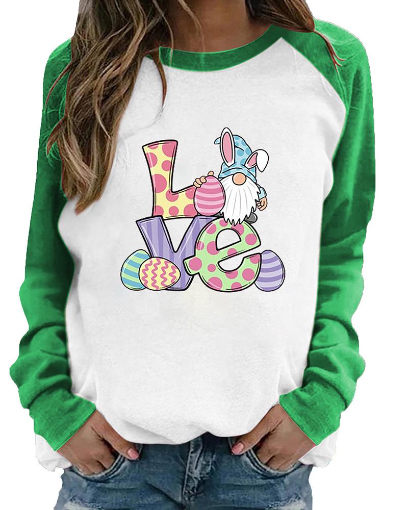 

Valentine' Day O-Neck Colorblock Letter Dwarf Print Top, Green