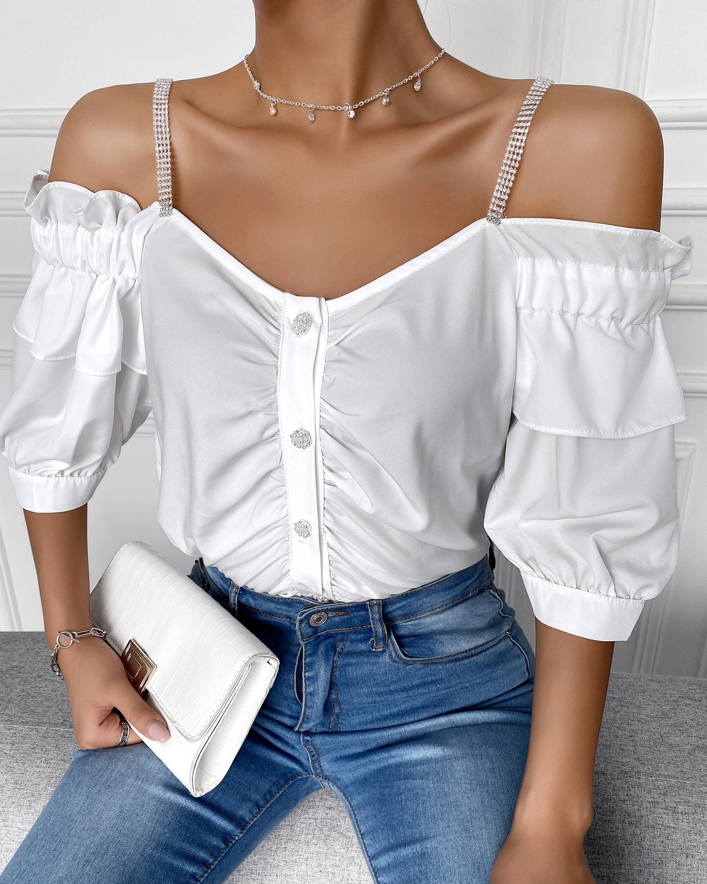 

Studded Short Sleeve Plain Button Design Blouse, White