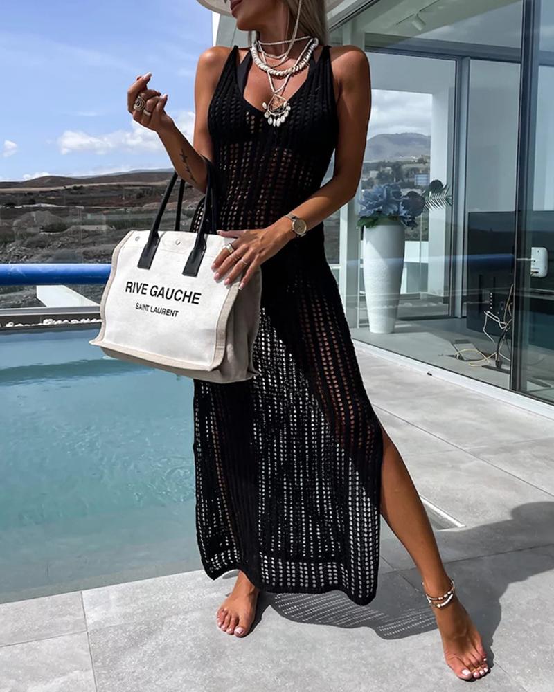 

Hollow Out Slit Crochet Cover Up Knit Dress, Black