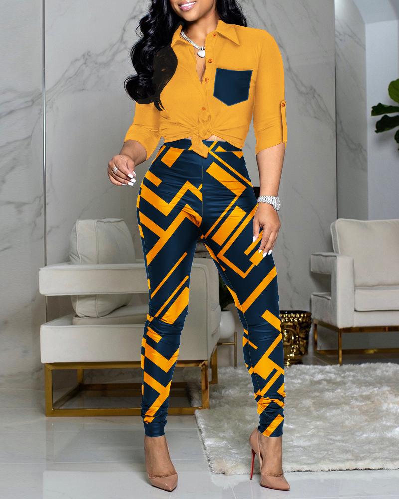 

Geometric Print Colorblock Roll Up Sleeve Shirt & Pants Set, Yellow