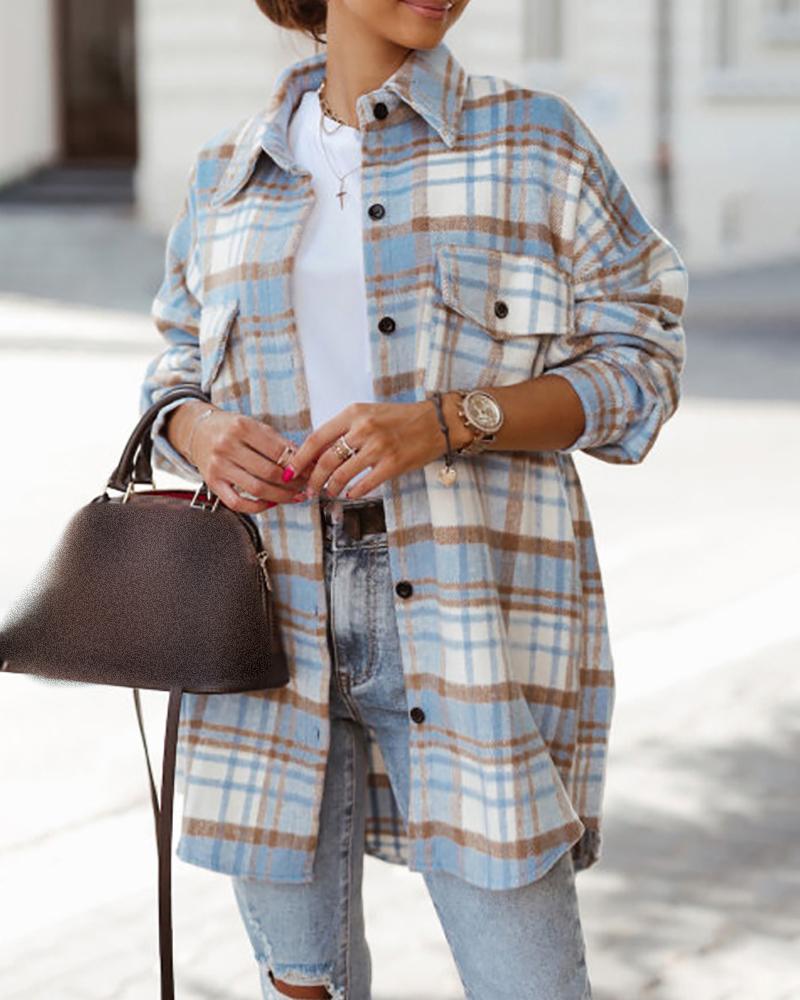 

Plaid Print Buttoned Pocket Design Shacket, Blue