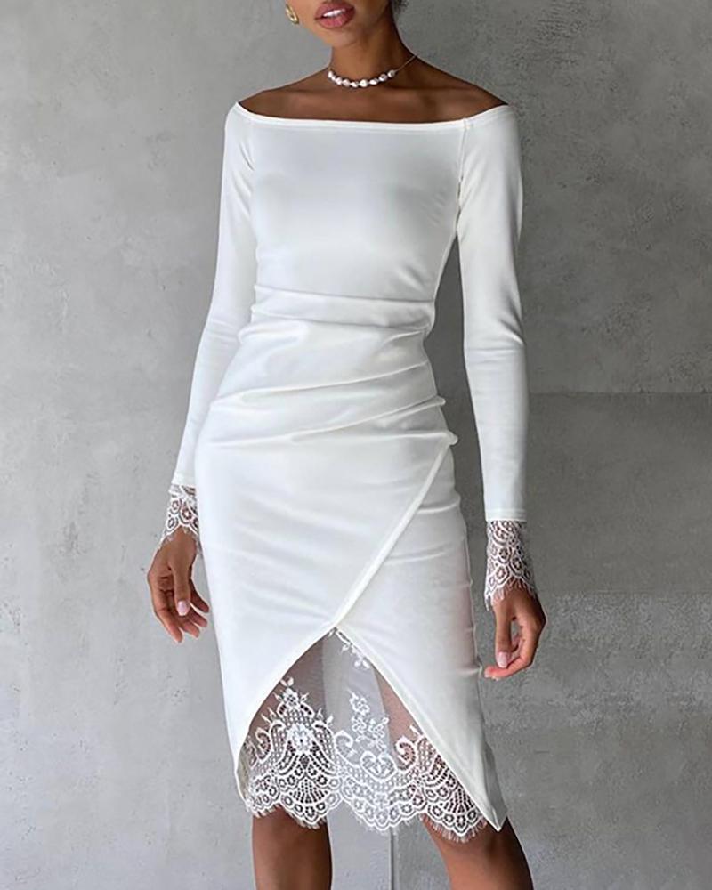 

Crochet Lace Patch Off Shoulder Bodycon Dress, White