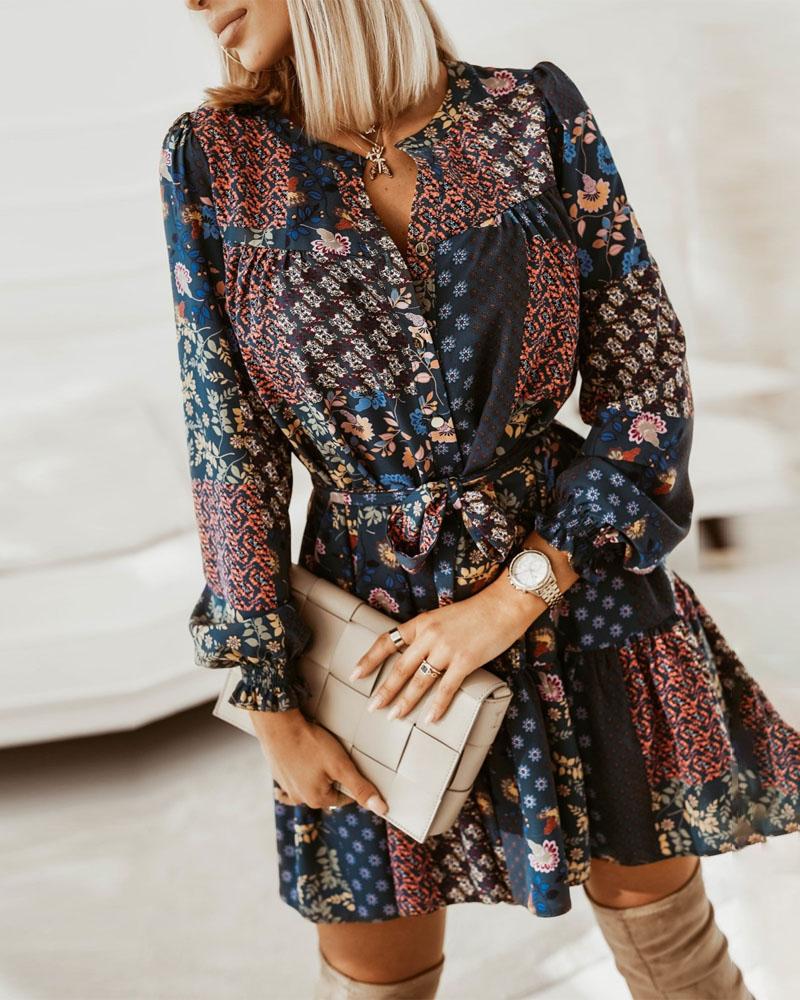 

Floral Print Button Front Belted Casual Dress, Dark blue