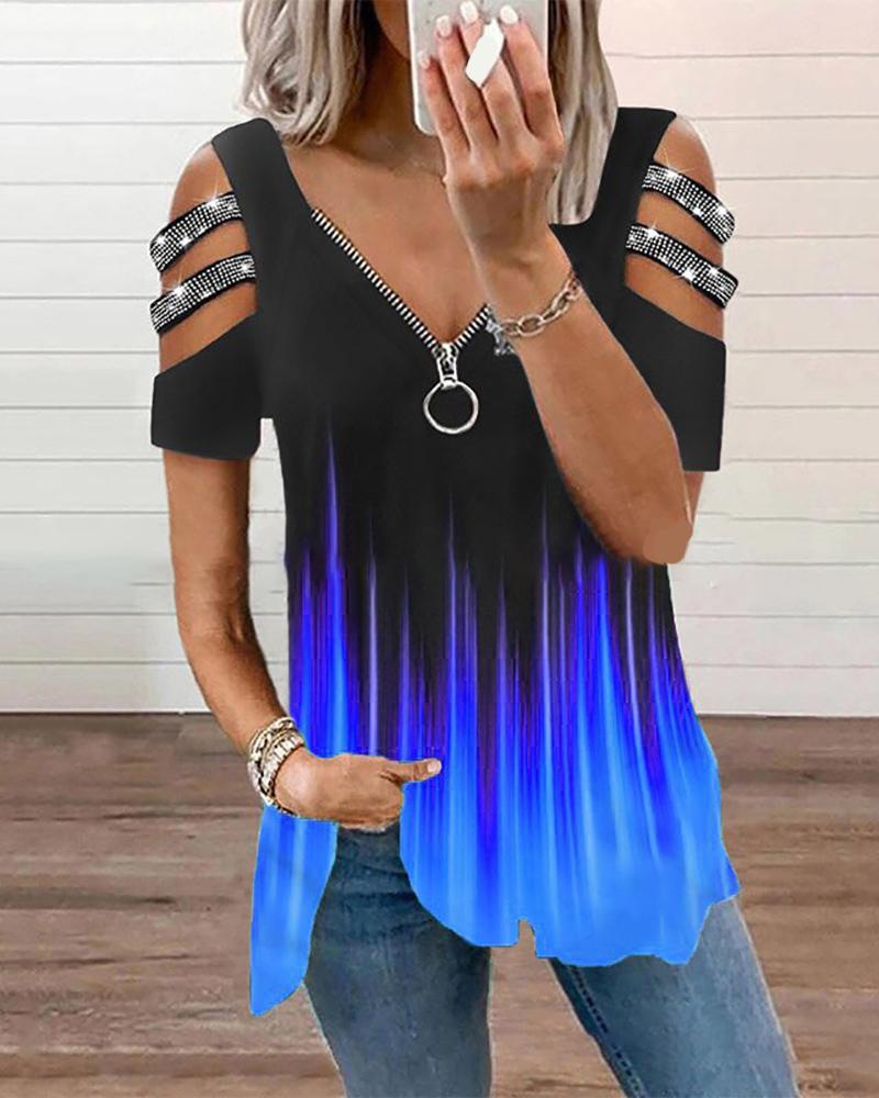 

Zipper Design Colorblock Cutout Rhinestone Top, Blue