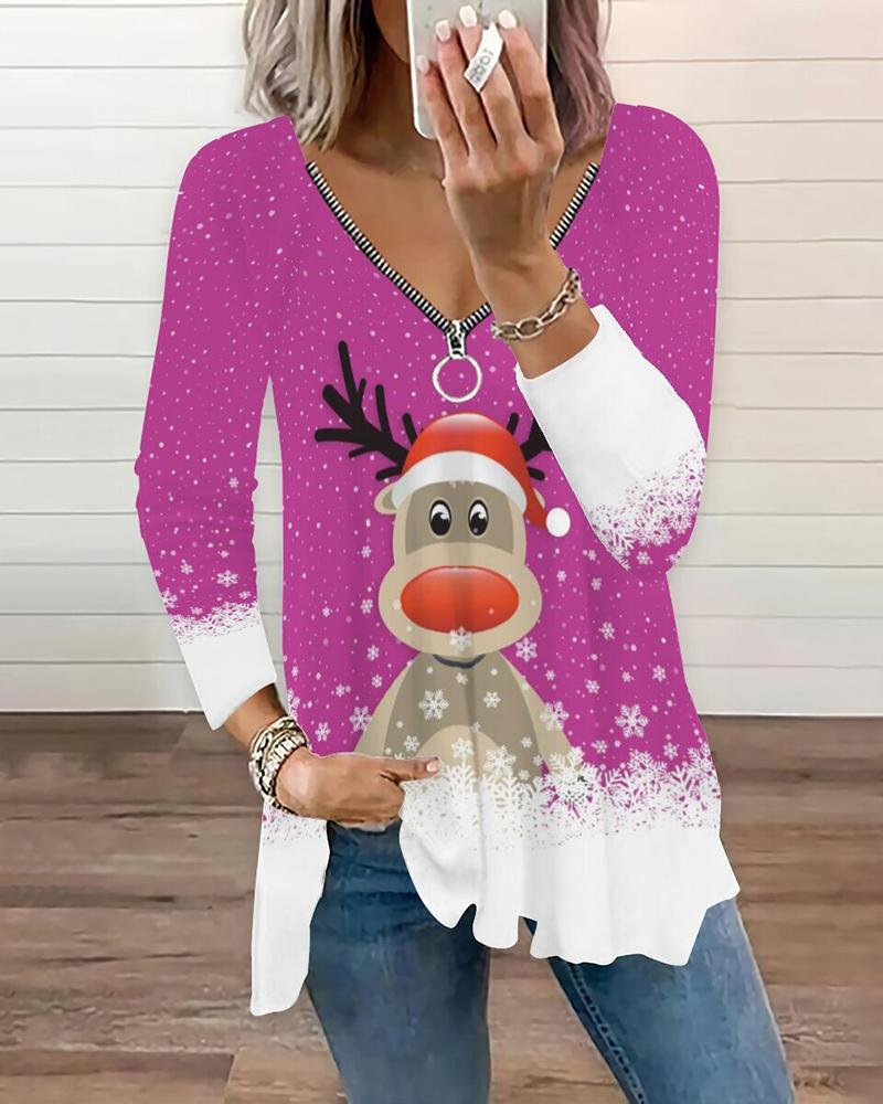 

Christmas Elk Graphic Print Zipper Design Top, Purple