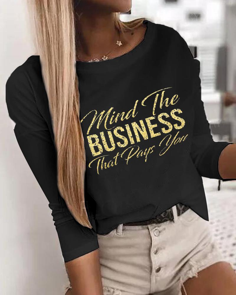 

Letter Print Round Neck Long Sleeve T-shirt, Black