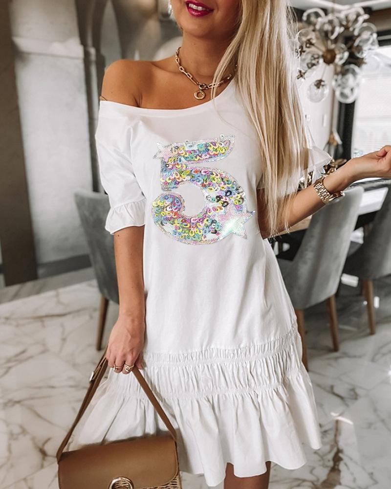 

Sequin Letter Pattern Ruffles Casual Dress, White