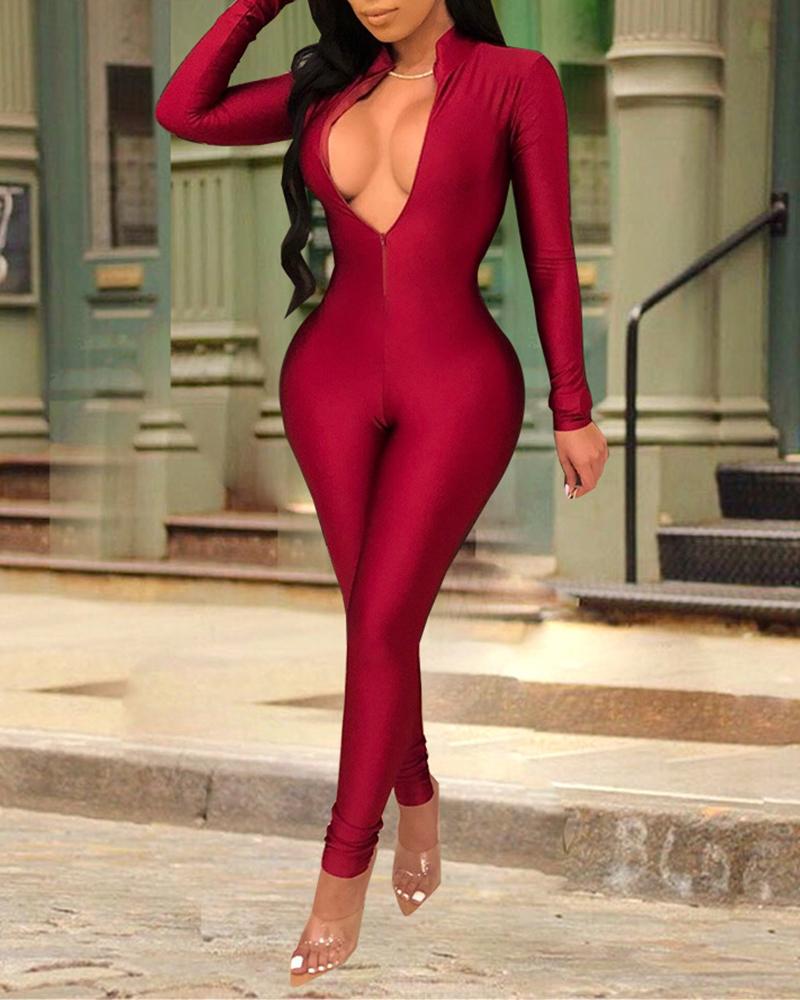 

Cut Out Front Zipper Slinky Jumpsuit, Wine red