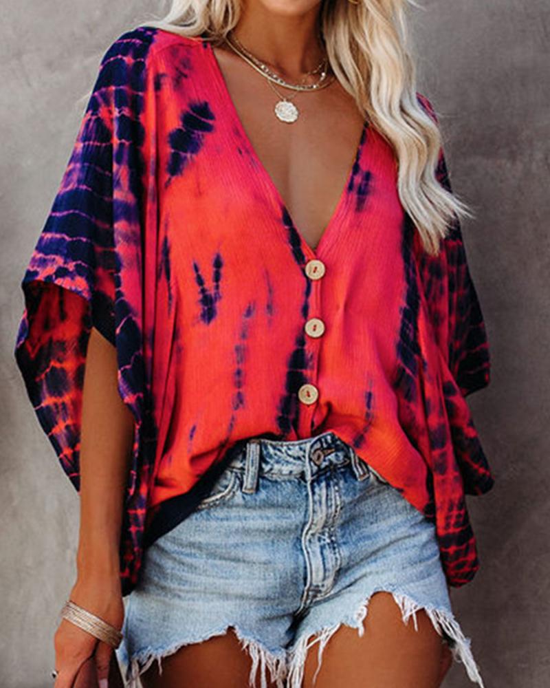 

Tie Dye Print Batwing Sleeve V-Neck Top, Red