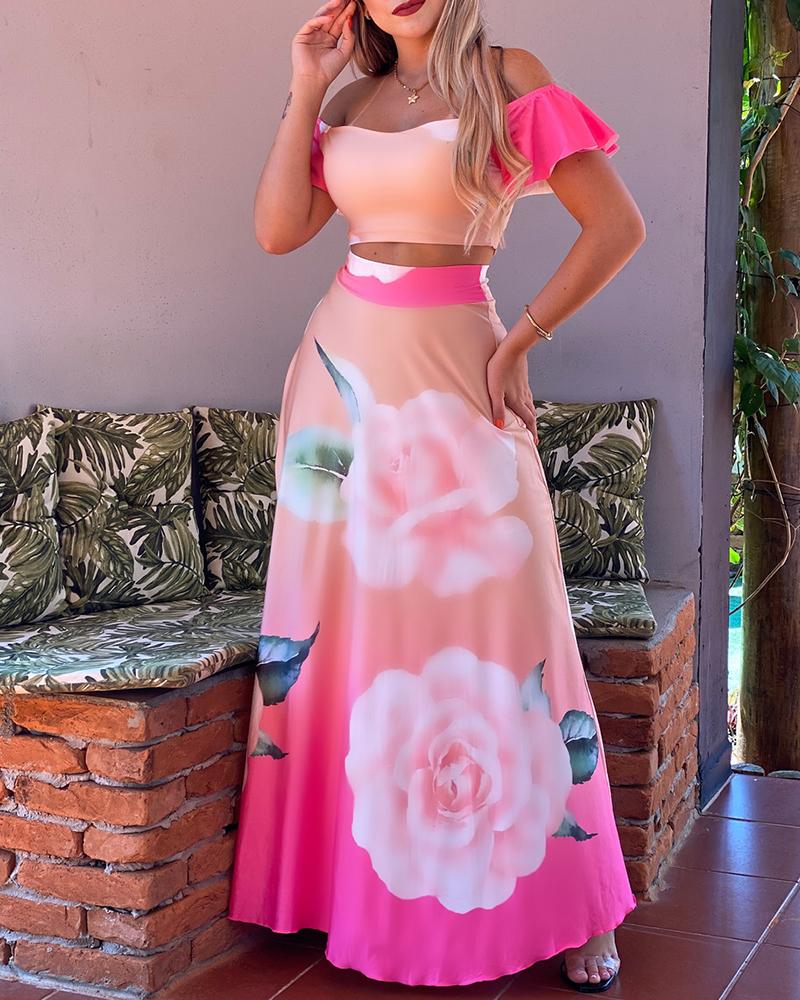 

Off Shoulder Colorblock Crop Top & Floral Print Maxi Skirt Set, Pink