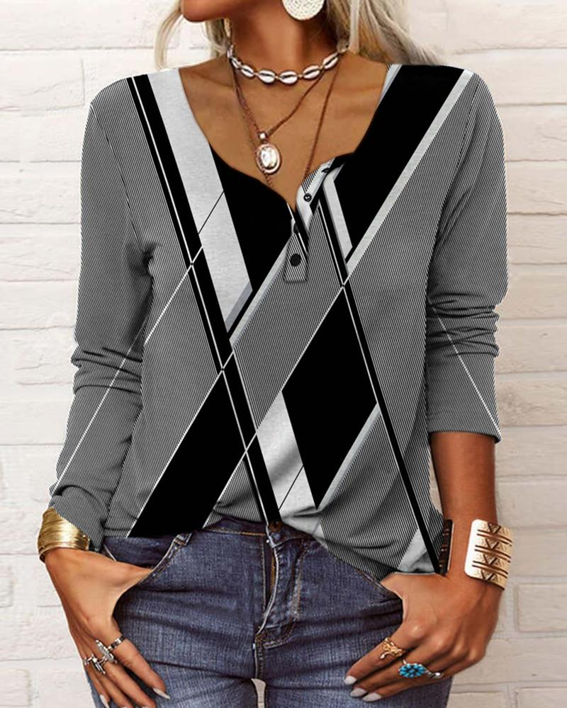 

Geometric Print Long Sleeve Top, Gray