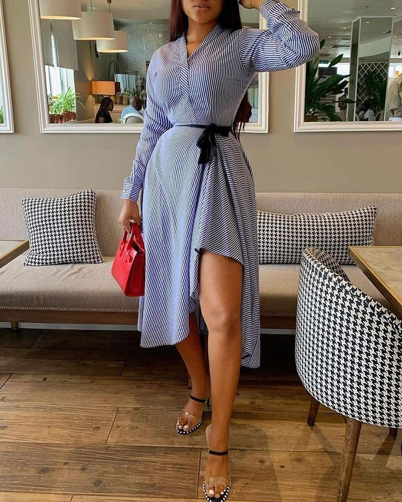 

Striped Tied Detail Asymmetrical Casual Dress, Blue