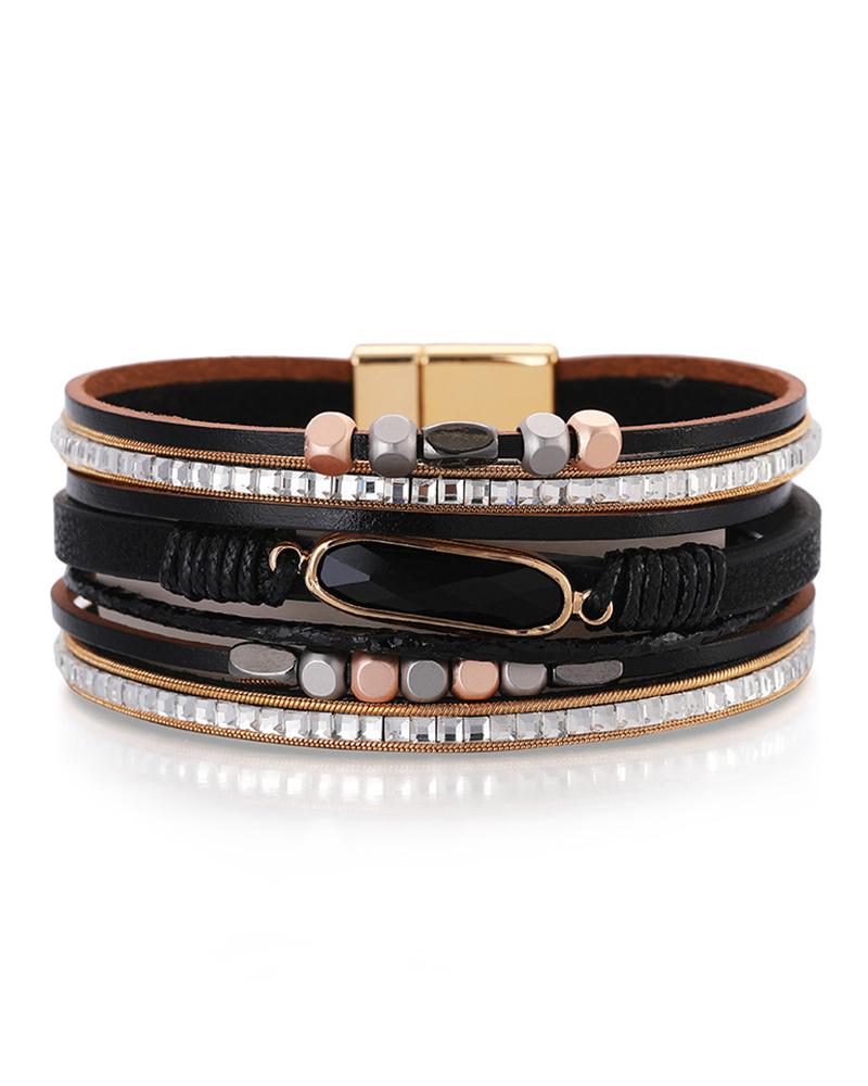 

1pc Tribal Bohemian Multi-layer Beaded Magnet Wide Bracelet, Black