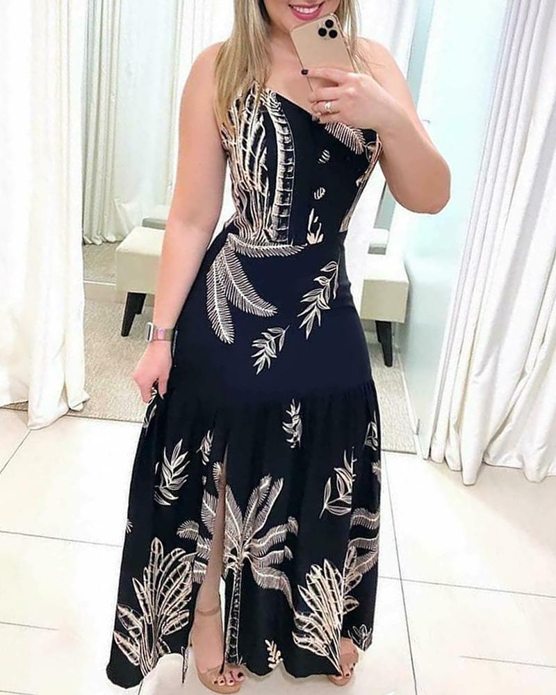

Palm Tree Print Sleeveless Slit Maxi Dress, Black