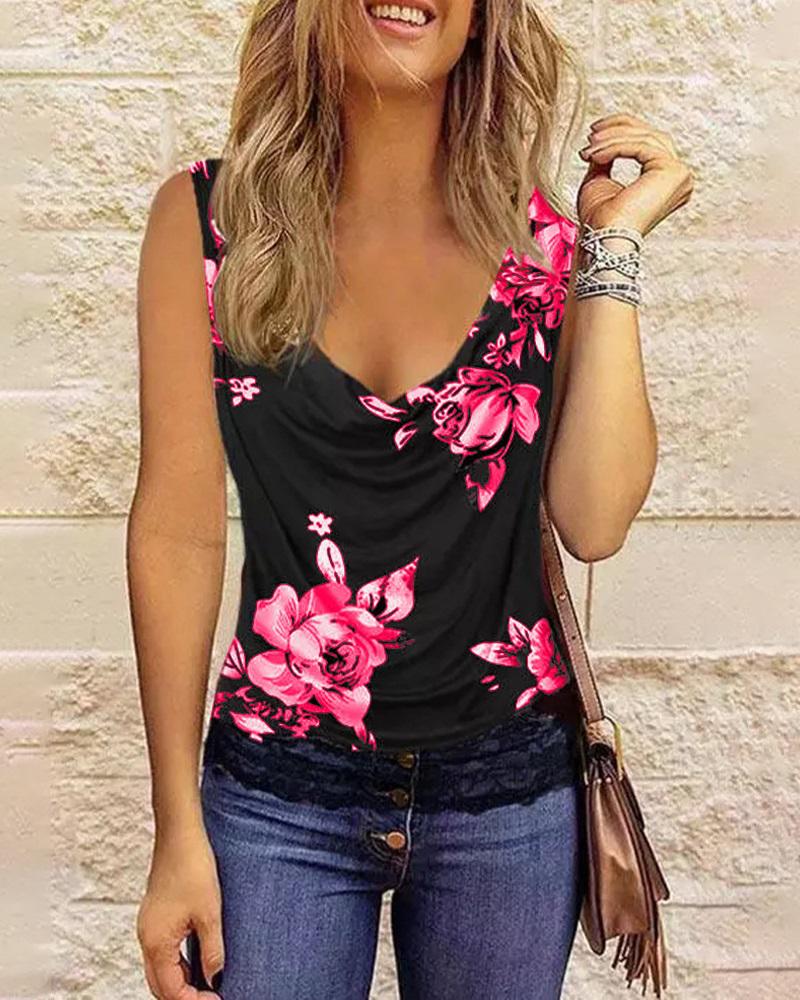 

Floral Print Plunge Casual Tank Top, Hot pink