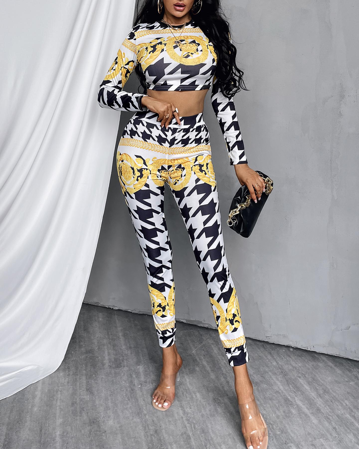 

Houndstooth Crop Top & Pants Set, Black