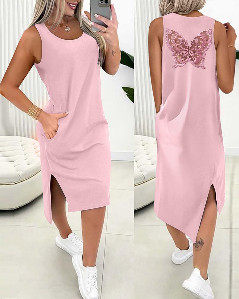 

Butterfly Pattern Contrast Lace Slit Pocket Design Casual Dress, Pink