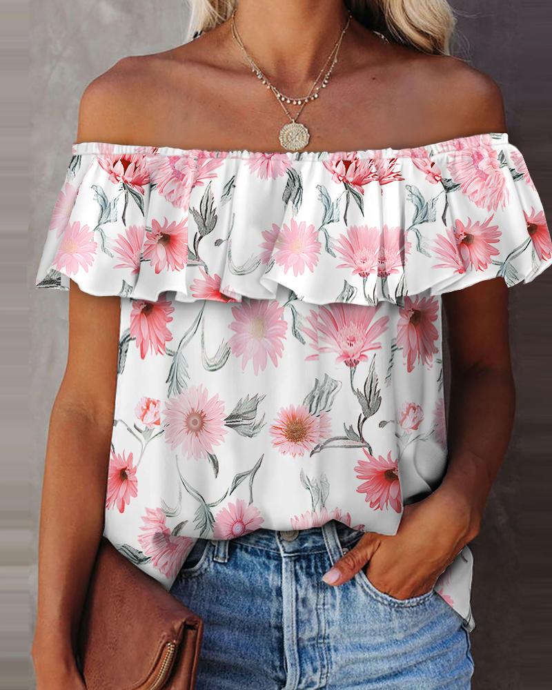 

Off Shoulder Floral Print Ruffles Top, White