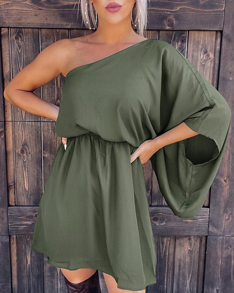 

One Shoulder Batwing Sleeve Casual Dress, Army green