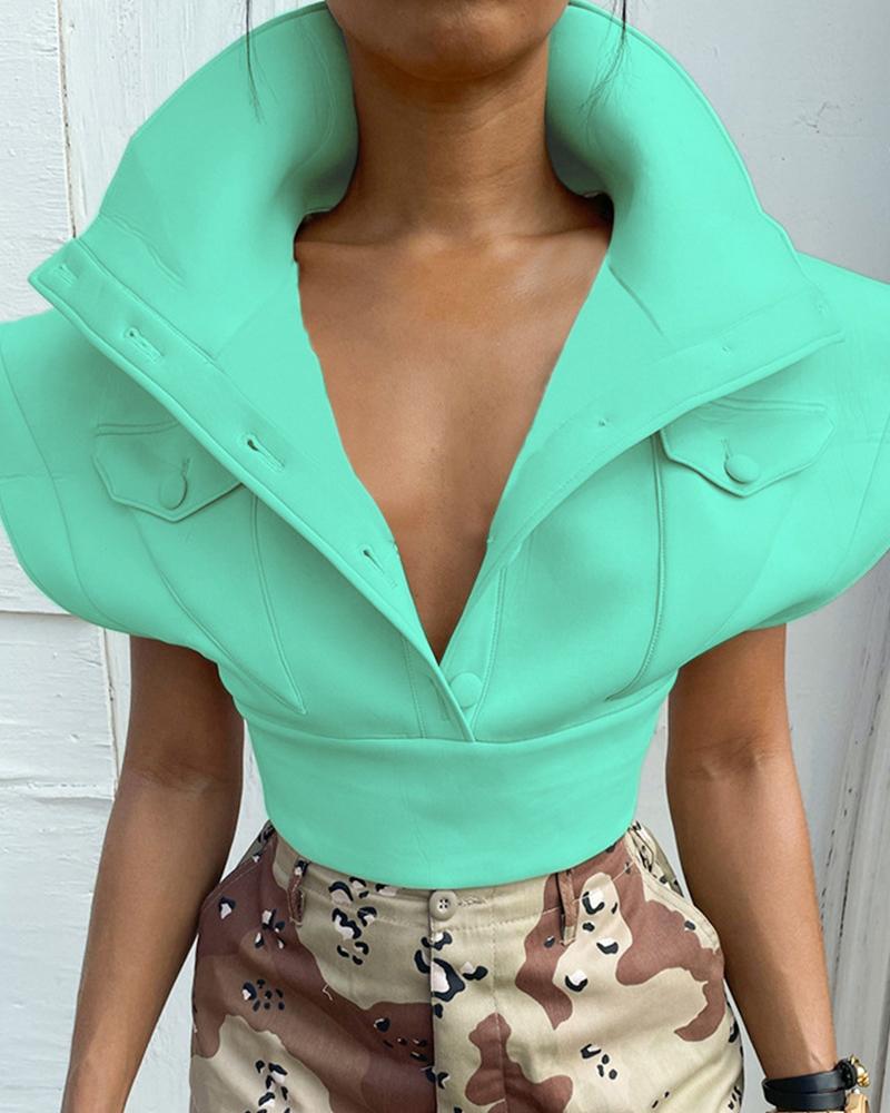 

Button Pocket Design Cap Sleeve Top, Green