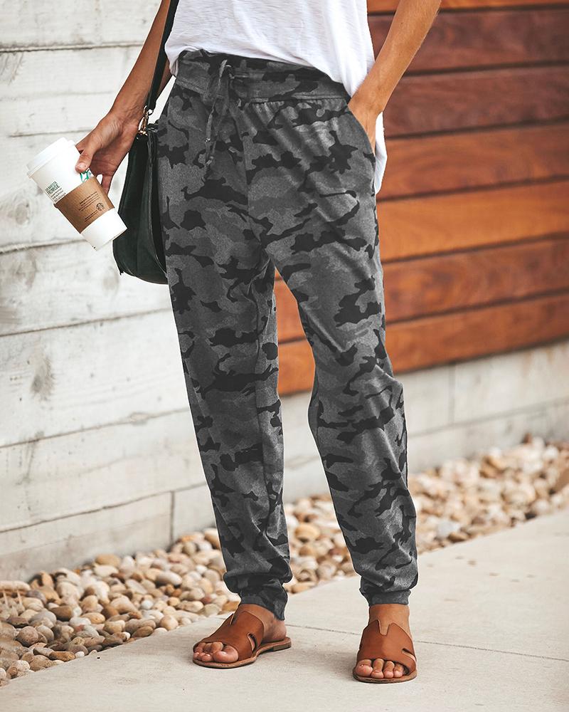 

Camo Print Drawstring Pocket Design Sweatpants, Gray