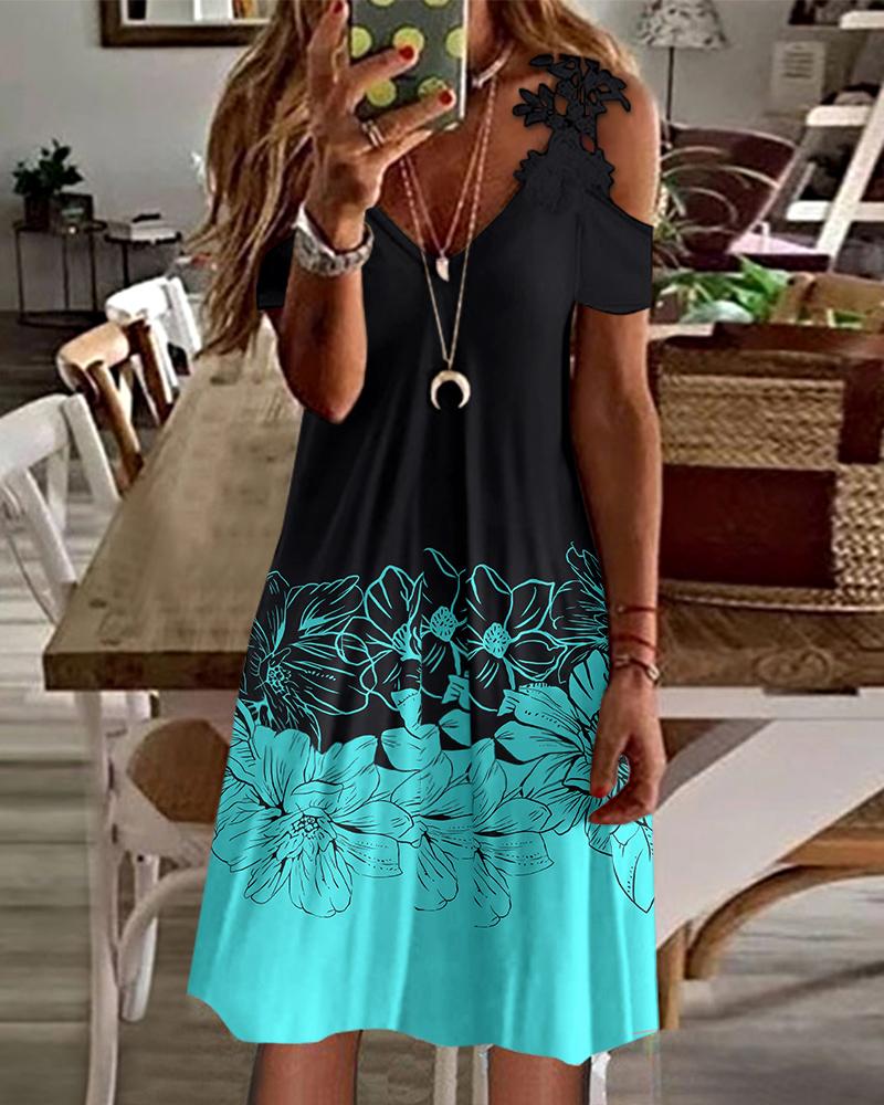 

Floral Print Contrast Lace Cold Shoulder Casual Dress, Blue