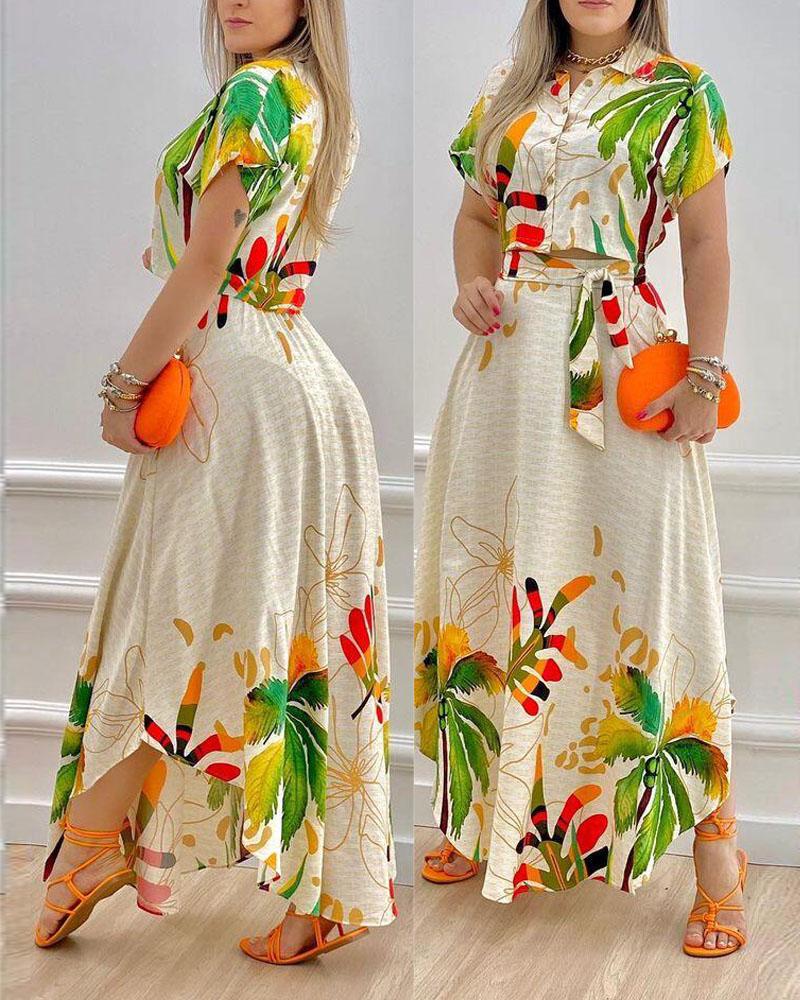 

Tropical Print Button Down Crop Top & Skirt Set, Apricot