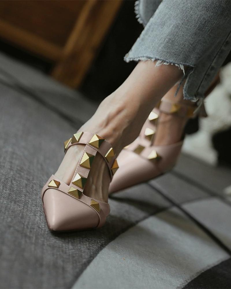 

Solid Studded Pointed-toe High Heel Sandals, Apricot