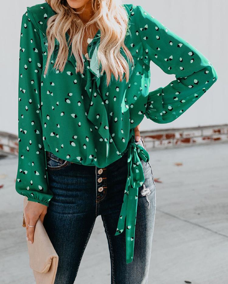 

Print Ruffles Tied Detail Casual Blouse, Green