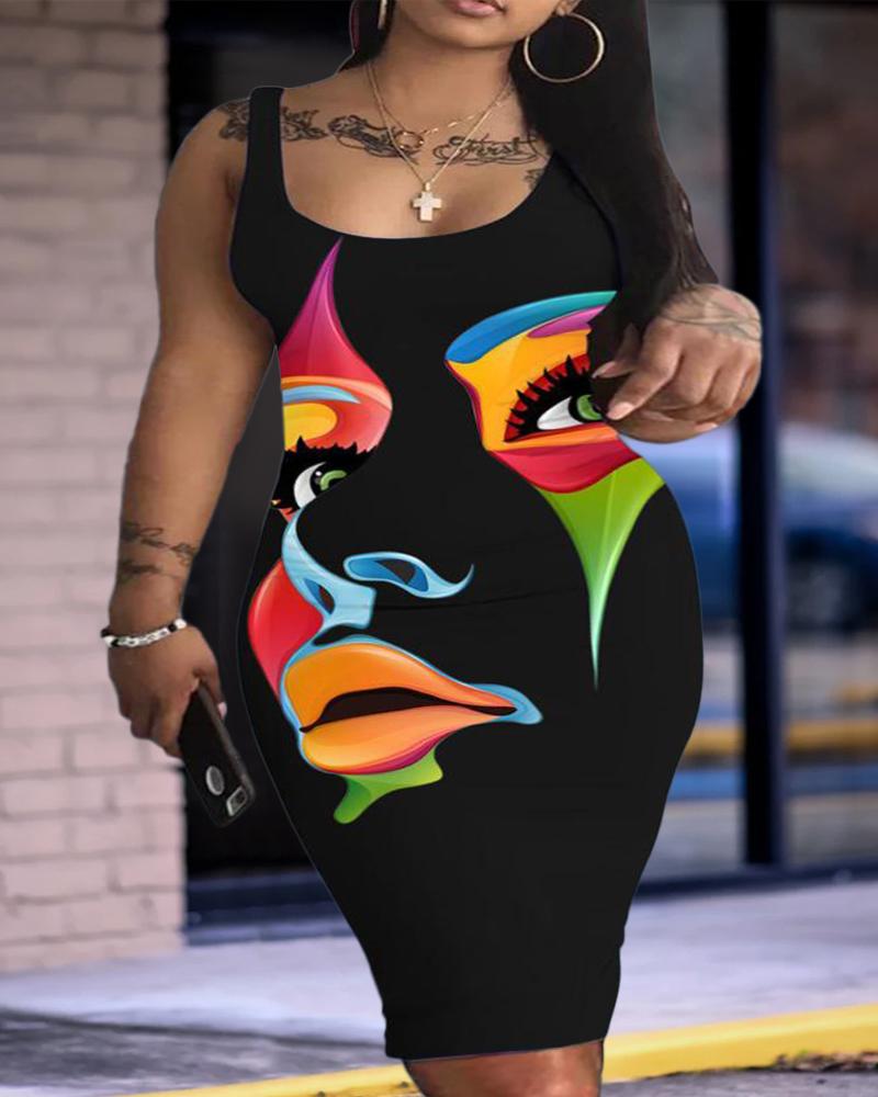 

Plus Size Abstract Figure Print U-Neck Sleeveless Bodycon Dress, Black