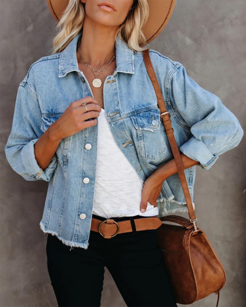 

Buttoned Pocket Design Fringe Hem Denim Coat, Blue