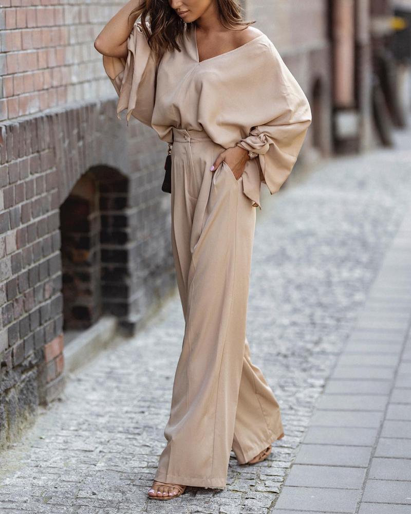 

Tied Detail V-Neck Top & High Waist Pants Set, Apricot