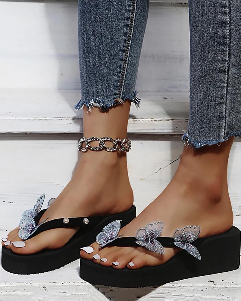 

Butterfly Embroidery Toe Post Flip Flops, Green