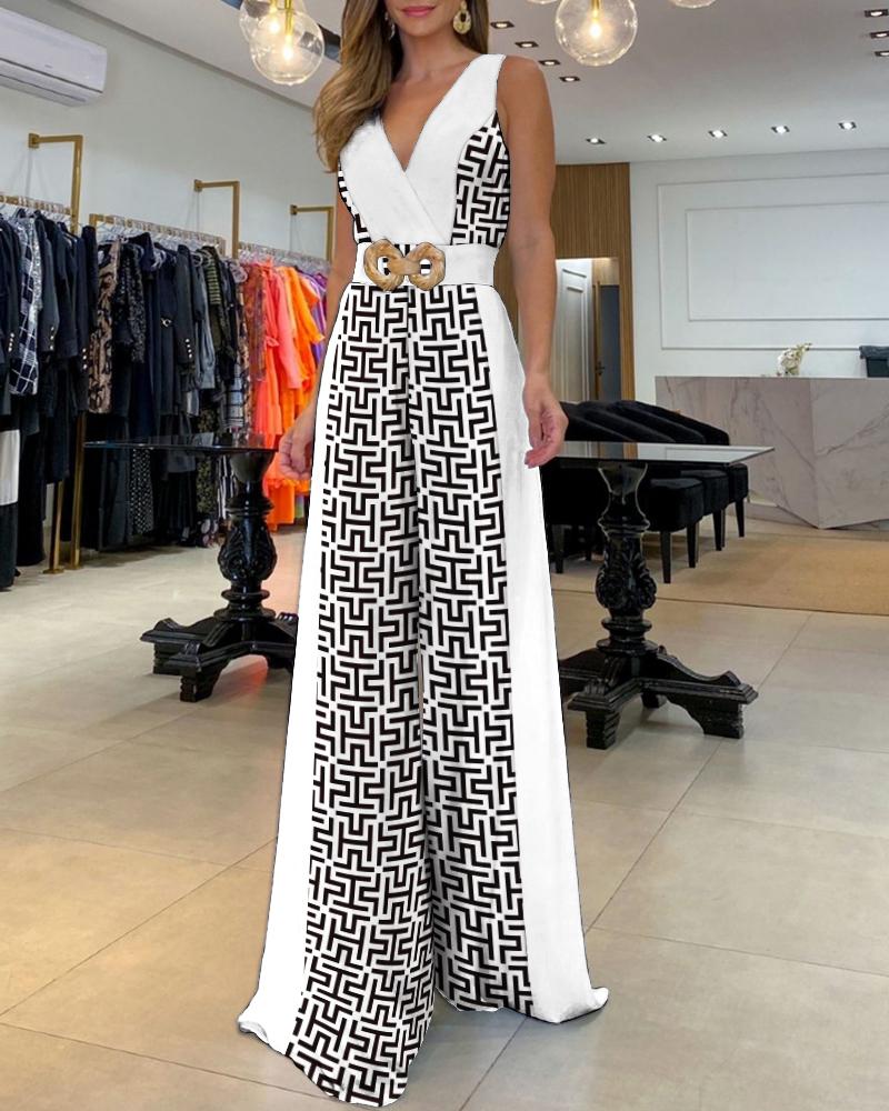 

Geometric Print Wide Leg Jumpsuit Without Belt, Blackwhite