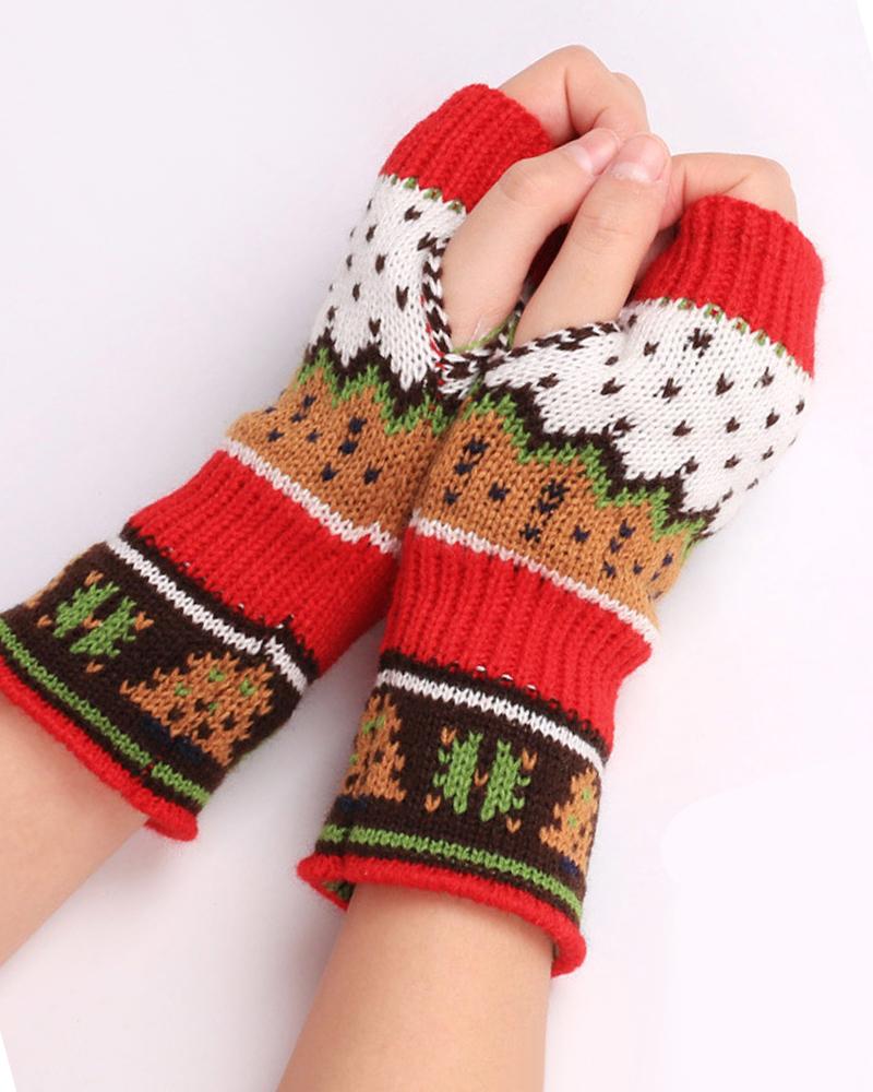 

1Pair Christmas Tree Pattern Knit Fingerless Gloves, Red