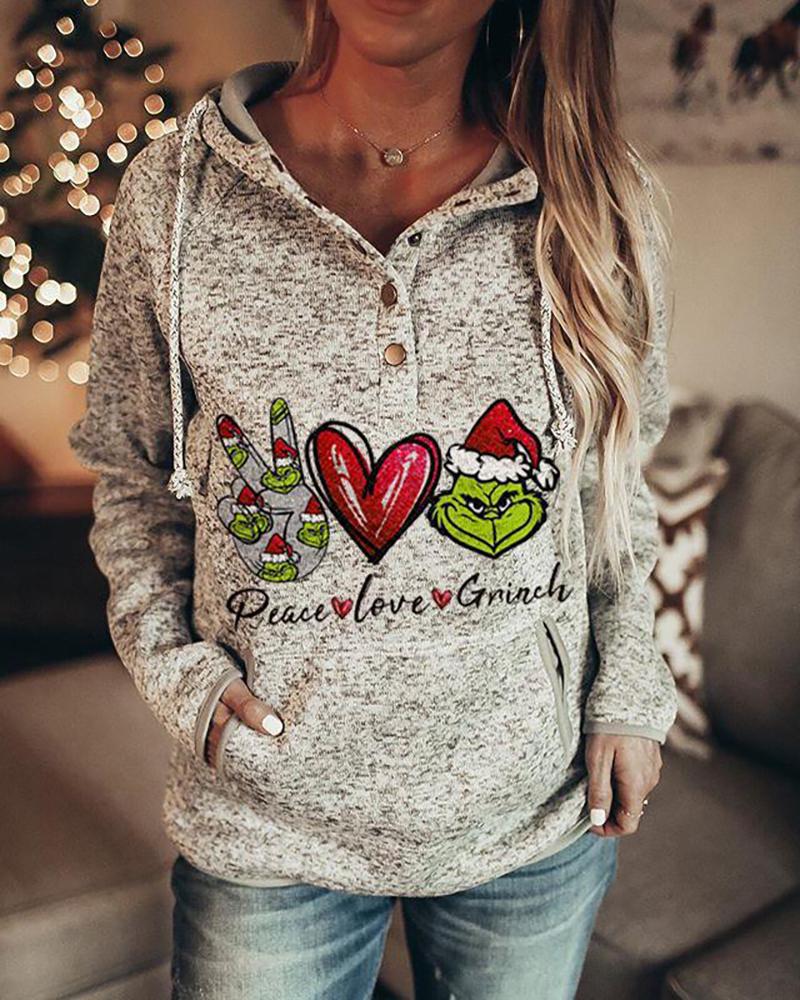 

Christmas Button Decor Hooded Top, Gray
