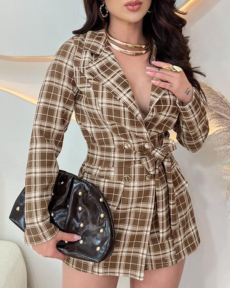 

Plaid Print Notched Collar Waist Tied Detail Romper Casual Slim Fit Short Jumpsuit, Brown