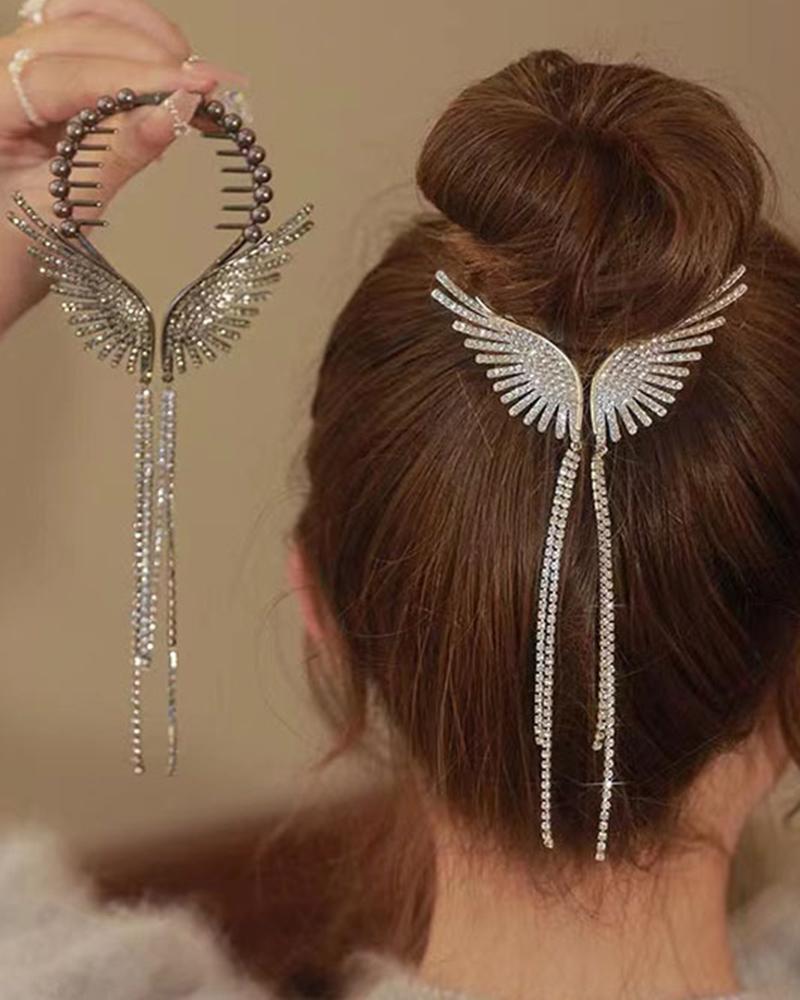 

1pc Rhinestone Angel Wings Tassel Hair Clip, Gold
