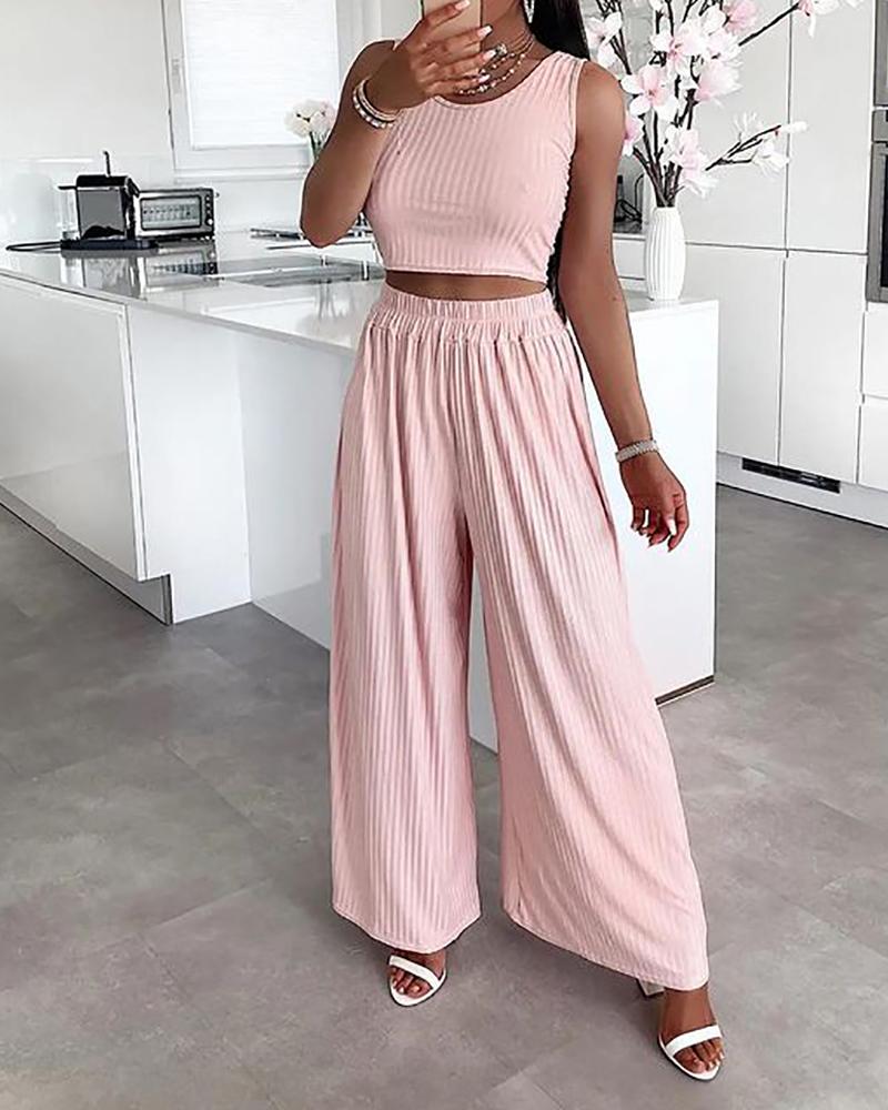 

Ribbed Sleeveless Top & Wide Leg Pants Set, Pink